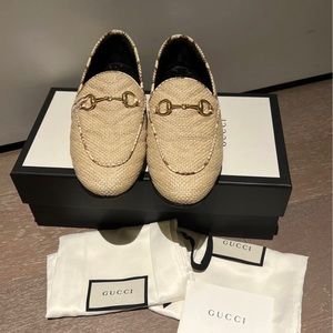 Gucci Elaphe-trimmed Raffia Jordaan Loafers Size 36.5
